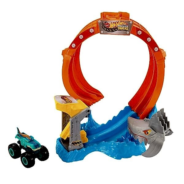JFR08 Hot Wheels Monster Trucks Dönen Corkscrew Shark Çarpışması