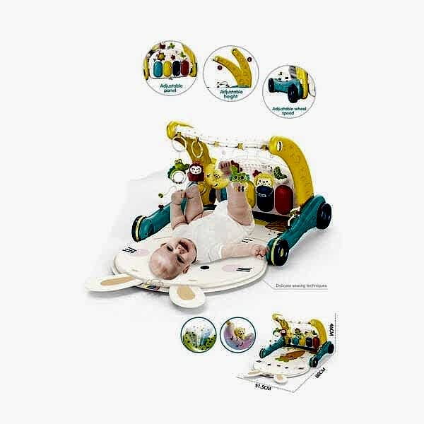 BIB6015 -Vardem Piyanolu 2 in 1 Bebek Yürüteci ve Tavşan Desenli Mavi Oyun Halısı